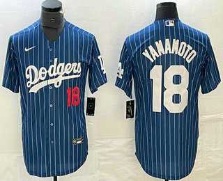Mens Los Angeles Dodgers #18 Yoshinobu Yamamoto Number Blue Pinstripe Cool Base Stitched Baseball Jersey1->los angeles dodgers->MLB Jersey